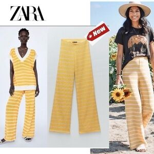 Zara yellow white striped knit rustic trouser pants Sz S NWT